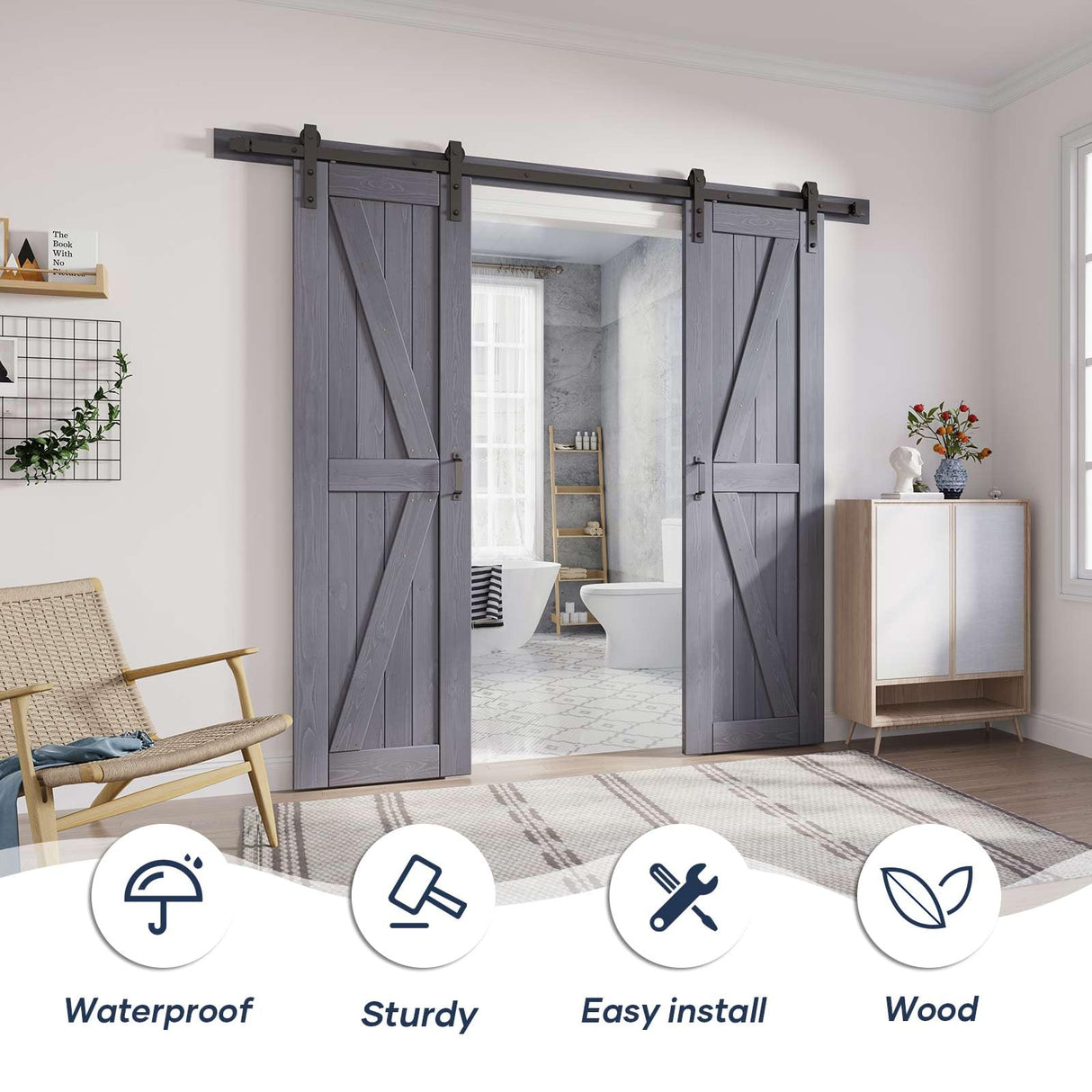 FREDBECK Gray Double 24x84 Inch Doors 48 Wood barn door with 8FT Barn Door Hardware Kit and Handle Included K Shape Spruce Double Surfaces,Simple Assembly is Required,K-Frame,Grey FREDBECK