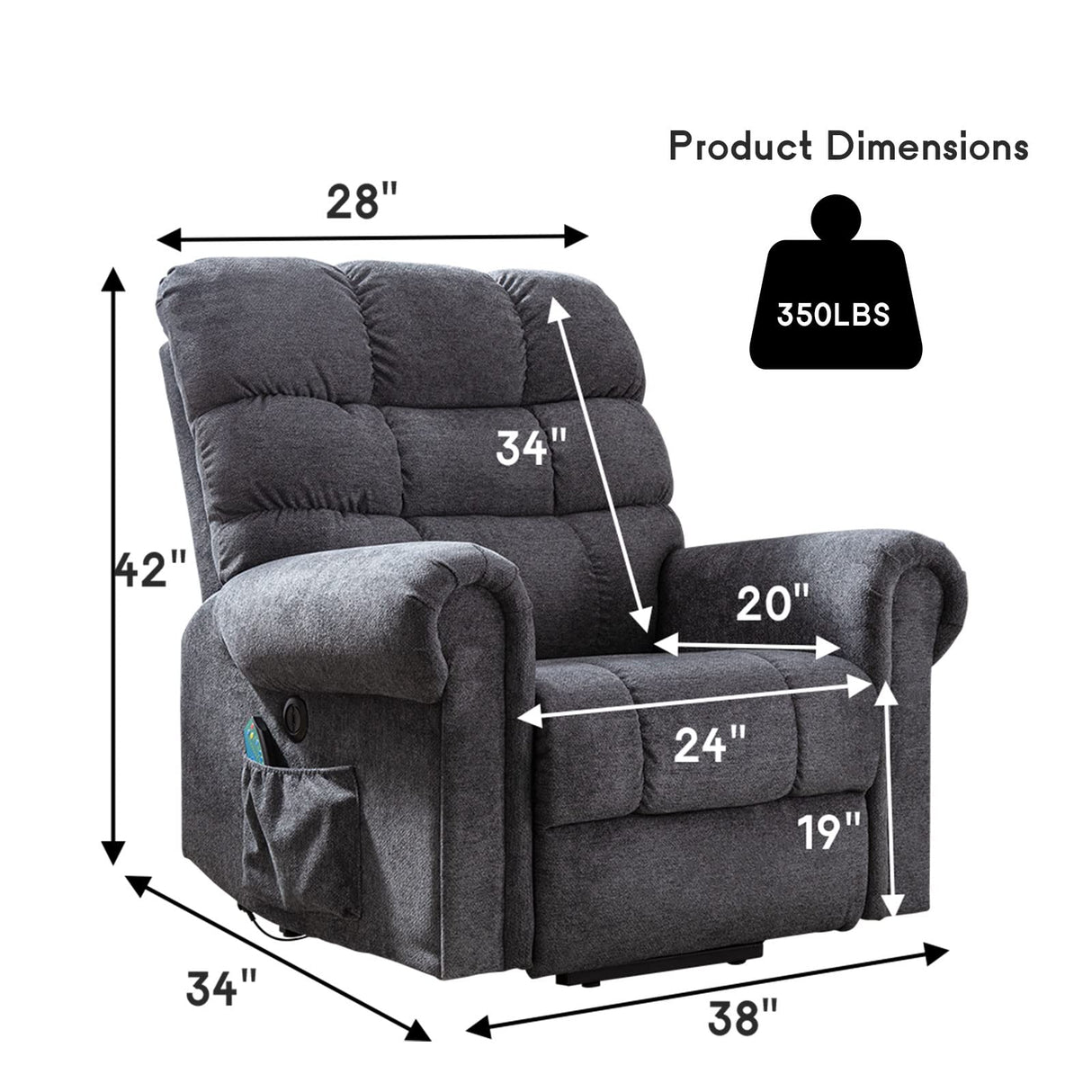CANMOV Large Power Lift Recliner Chairs with Massage and Heat for Elderly Big People, Heavy Duty Electric Reclining Chairs Overstuffed Wide Recliner with USB Port and Side Pocket, Gray CANMOV