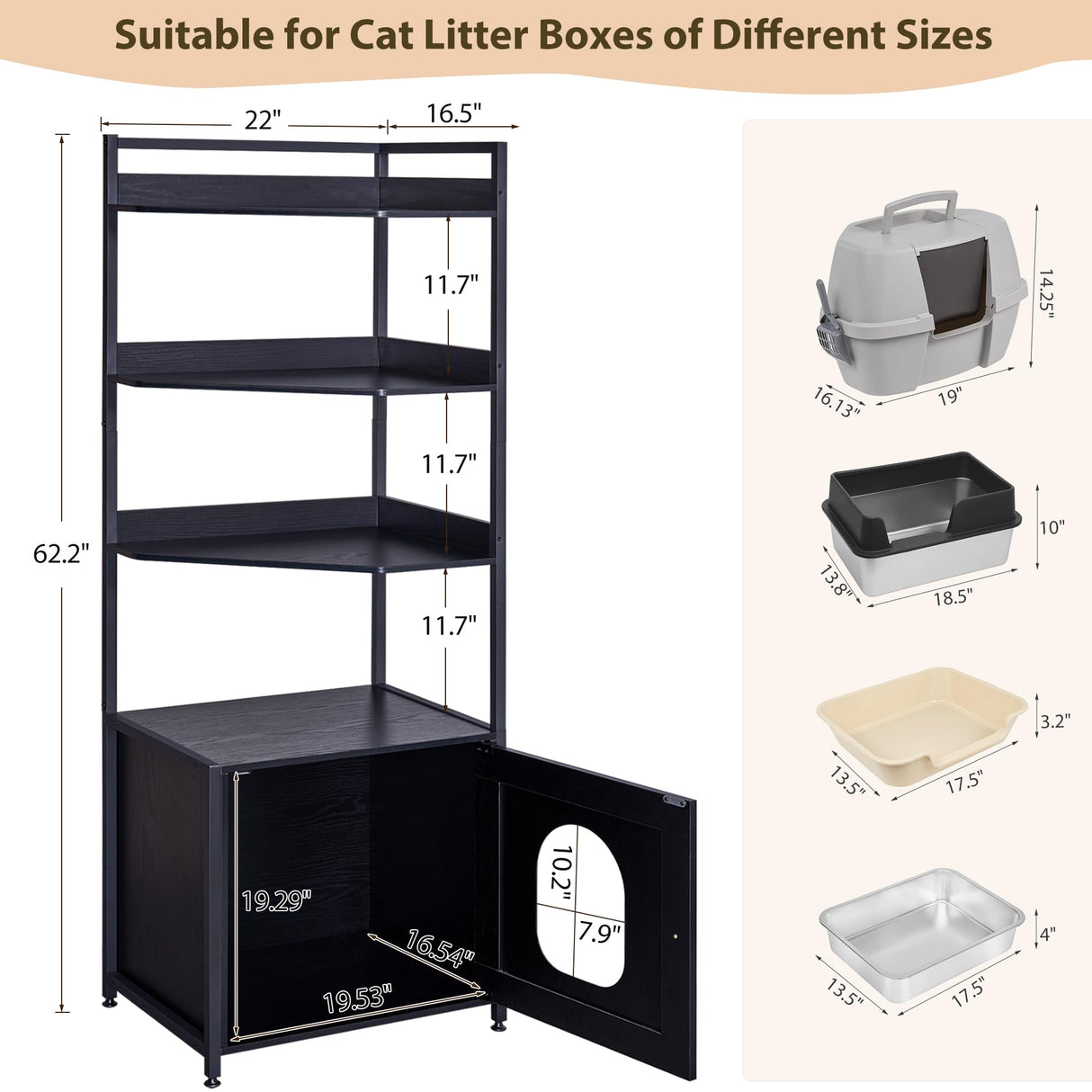BEWISHOME Large Cat Litter Box Enclosure with 4 Tier Shelves and Doors, Hidden Cat Litter Box Furniture for Living Room, Industrial Indoor Cat House, Black, CMW06H BEWISHOME