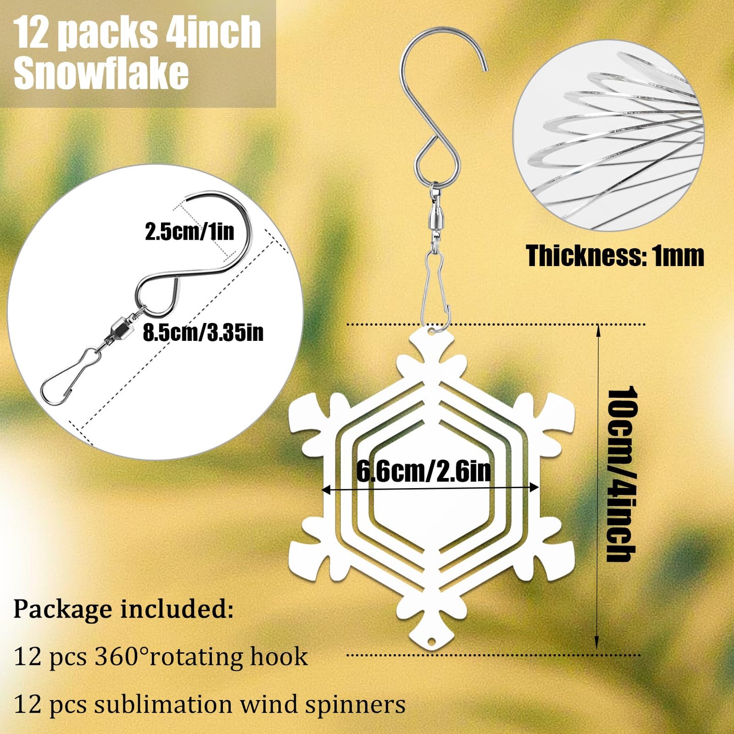 12Pack 4inch Sublimation Wind Spinner Blanks 3D Aluminum Metal Wind Sculpture Kinetic Spinners for Yard and Garden Indoor Art Sublimation Christmas Ornament Hanging Decoration (Snowflake)