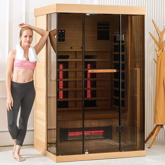 BNEHS Infrared Sauna, 1-2 Person Home Sauna with 10 Minutes Warm-up Heater Tube& Carbon Panels, Personal Sauna for Home with Door Handle to Hold Cell Phones and IPad, Panoramic Tempered Glass