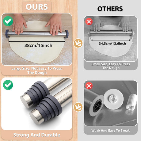 Adjustable Rolling Pin with Thickness Rings for Baking -Non Stick Stainless Steel Dough Roller Pin with Bands for Cookie,Wood,Wooden and Bread (Grey, 15.8 '') Folksy Super Kitchen