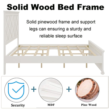 King Size Platform Bed with Tall Headboard & Footboard, Solid Wood King Bed Frame with Farmhouse Rustic Design,Wood Slats Support, No Squeak, No Box Spring Needed,Antique White - WoodArtSupply