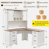 T4TREAM 59" L Shaped Executive Desk with Hutch,Farmhouse Wood Computer Desk, Featuring Charging Station,File Drawer, Storage Cabinet,for Home Office Work and Study (Antique White) T4TREAM