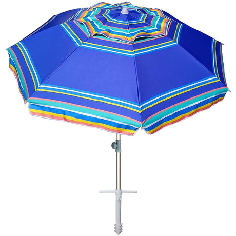 AMMSUN 7ft Heavy Duty High Wind Beach Umbrella Parasols with sand anchor & Tilt Sun Shelter, UV 50+ Protection Outdoor Sunshade Umbrellas Carry Bag for Patio Garden Pool Backyard Stripe Blue AMMSUN