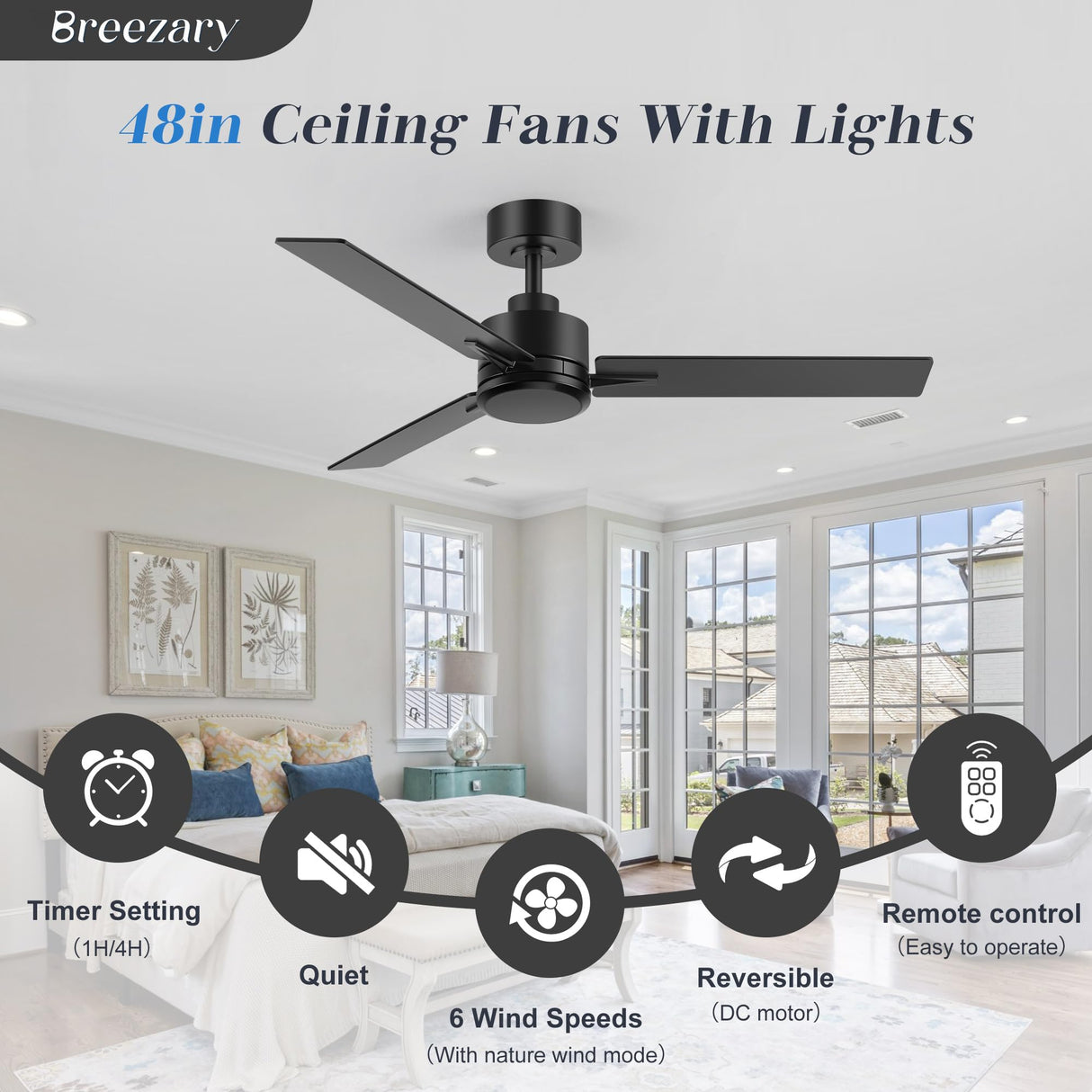 Breezary 48 inch Industrial Ceiling Fans without Lights Remote Control, 6-Speed, Reversible DC Motor, 3 Blades, Modern Indoor/Outdoor Ceiling Fan No Light for Patio Home Office, Black Breezary