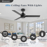 Breezary 48 inch Industrial Ceiling Fans without Lights Remote Control, 6-Speed, Reversible DC Motor, 3 Blades, Modern Indoor/Outdoor Ceiling Fan No Light for Patio Home Office, Black Breezary