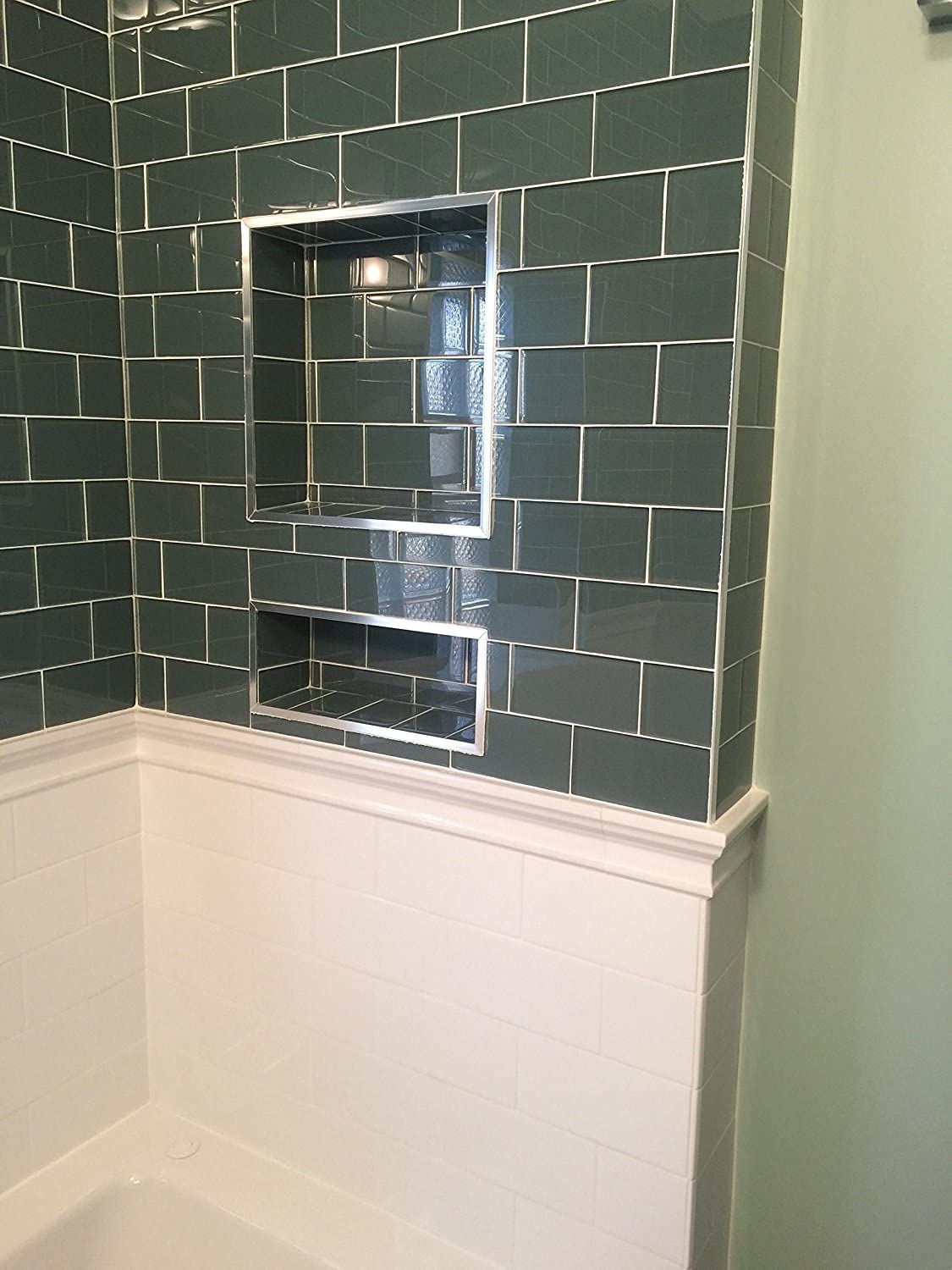 Zigzag Easy Installation Waterproof Double Recessed Shower Shelves Niche, ABS Plastics Bathroom Shower Niche 16 × 24 Inches for Shampoo, Soap and Foot Rest Zigzag