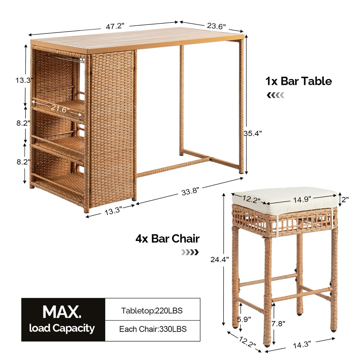 VINGLI 5 Piece Patio Wicker Bar Set, Outdoor Bar Height Table & 4 Rattan Bar Stool Chairs Outdoor Dining Bistro Set for Backyard, Balcony, Garden and Poolside VINGLI