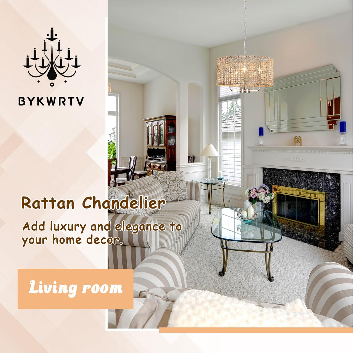 BYKWRTV Rattan Farmhouse Chandelier Light Fixture, 5-Light Boho Chandeliers for Dining Room with Wicker Lampshade, Rattan Pendant Light Drum Chandelier for Living Room Kitchen Island Bedroom BYKWRTV