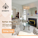 BYKWRTV Rattan Farmhouse Chandelier Light Fixture, 5-Light Boho Chandeliers for Dining Room with Wicker Lampshade, Rattan Pendant Light Drum Chandelier for Living Room Kitchen Island Bedroom BYKWRTV