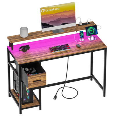GreenForest Computer Desk with Drawers 47 inch,Gaming Desk with LED Lights & Power Outlets Small Desk with Monitor Stand and Reversible Shelf,Walnut