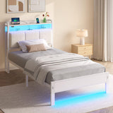 Rolanstar Bed Frame Twin Size with Charging Station and LED Lights, Upholstered Headboard with Storage Shelves, Heavy Duty Metal Slats, No Box Spring Need, Noise Free, Easy Assembly, White Rolanstar