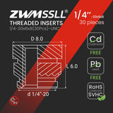 ZWMSSLL 1/4"-20 Heat Set Threaded Inserts,30 Pieces 1/4"-20x6x8 Heat Set Insert for 3D Printing Components and Plastic Parts,Brass Knurled Nuts ZWMSSLL