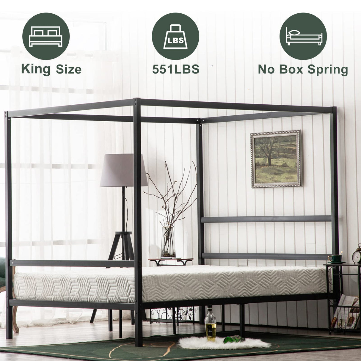 Bonnlo King Metal Bed Frame, Canopy Bed King Size with Headboard, 4 Poster Black Mattress Frame, 550lbs Capacity, Contemporary Design, No Box Spring Needed, Black Bonnlo