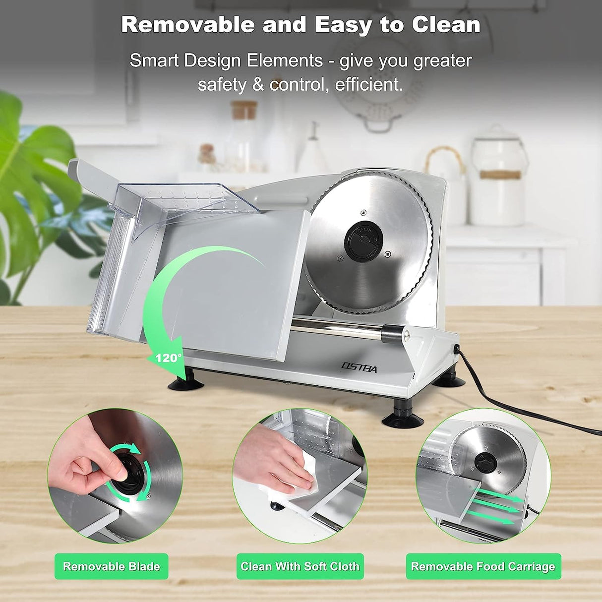 OSTBA Meat Slicer Machine for Home, Electric Deli Food Slicer with Removable 6.7” Stainless Steel Blades, 0-15mm Adjustable Thickness, Easy to Clean, 150W, Ideal for Cold Cuts, Cheese, Bread, Fruit OSTBA
