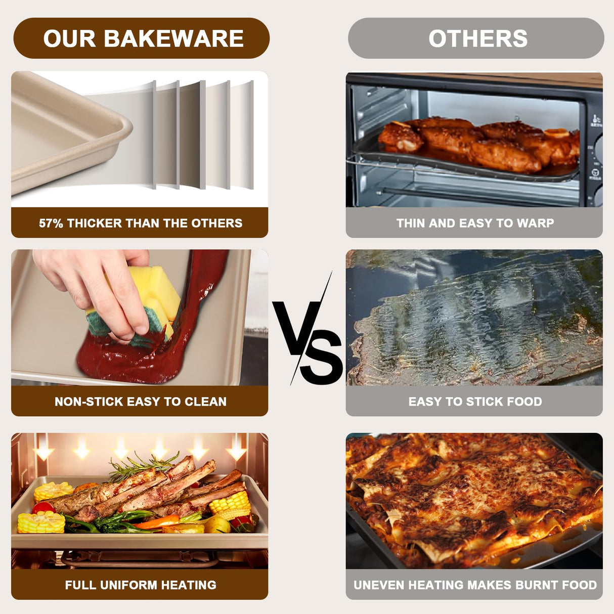 Baking Sheet Pan Set of 3, Commercial Cookie Sheets for Baking, Nonstick Half/Quarter/Jelly Roll Pans Replacement Toaster Oven Tray, Heavy Duty & Easy Clean, Champagne Gold Deedro