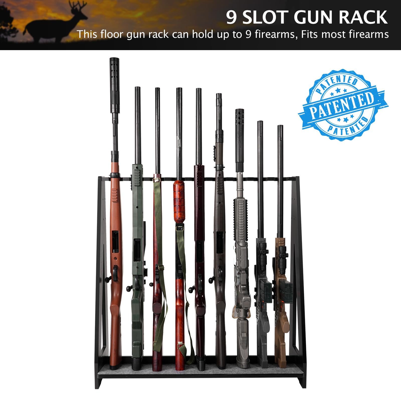 ikkle Gun Rack, Freestanding Rifle Racks, Heavy Duty Wooden Shotgun Rack Indoor, Adjustable Rifle Storage Holder with Soft Padding, Vertical Gun Display Stand - Holds up to 9 Long Guns - WoodArtSupply