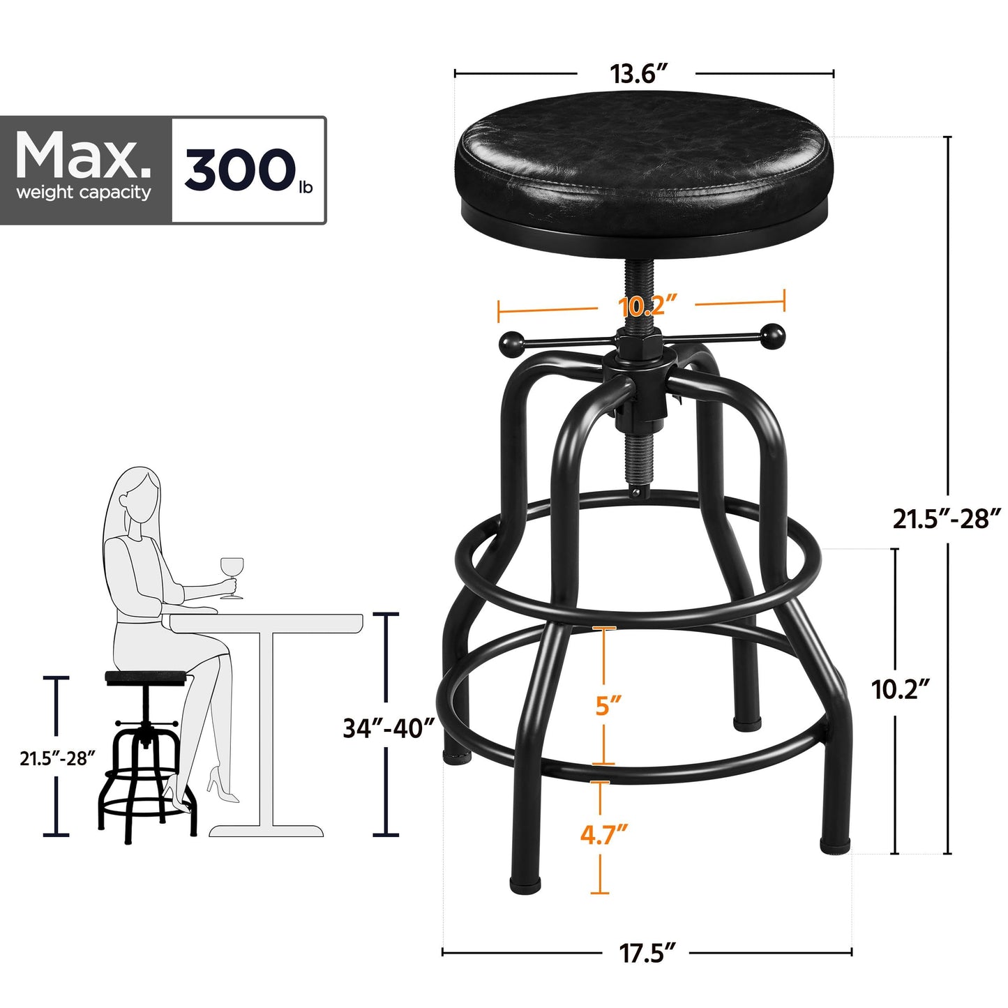 Yaheetech Industrial Bar Stools Vintage Counter Height Bar Stool with Round Faux Leather Seat Metal Stool Adjustable Kitchen Stool 21.5-28 Inch Tall Black, 1PCS - WoodArtSupply