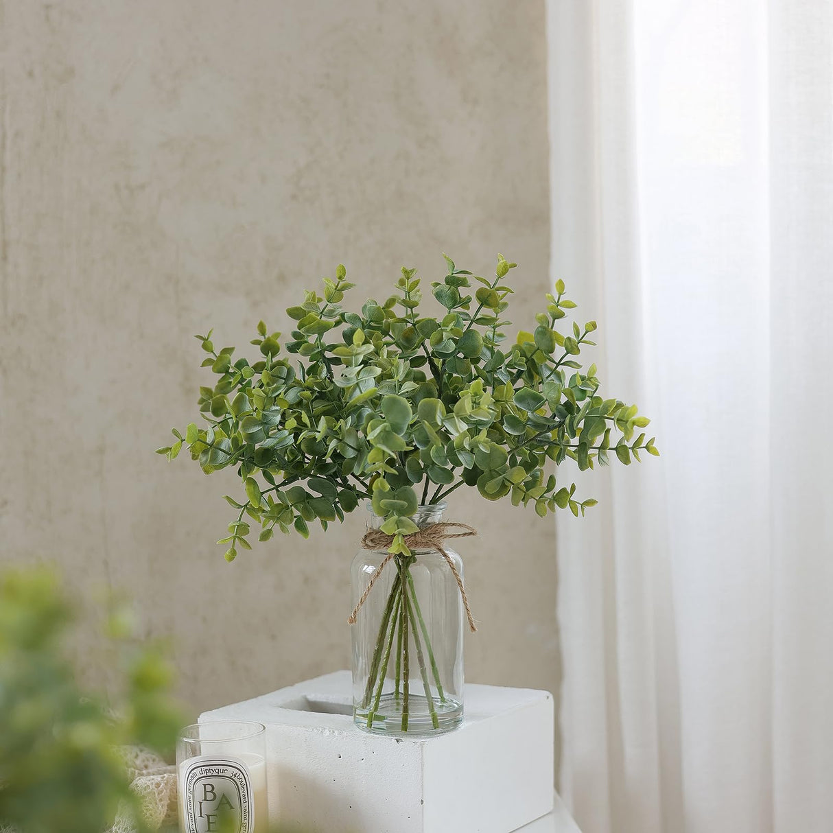 Zheart Fake Eucalyptus Stems in Glass Vase with Faux Water,14" Artificial Plants Eucalyptus Leaves for Shelf Desk Bathroom Farmhouse Room Coffee Table Home Decor (Sage Green) Zheart