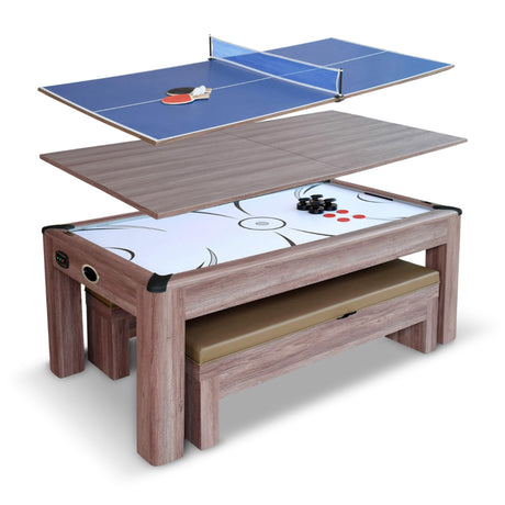 Hathaway Driftwood 7 Ft Air Hockey Table for Home Game Room - with Table Tennis Top, Dining Surface, Electronic Scorer, Two Storage Benches, High-Output Blower, Strikers & Pucks - Driftwood Finish Hathaway