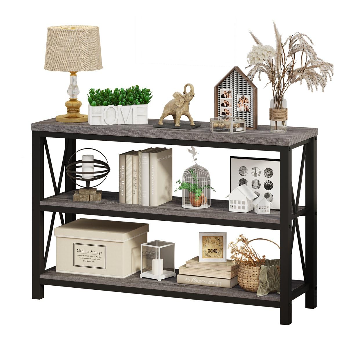 BON AUGURE Rustic Sofa Table Behind Couch, Industrial Console Tables for Entryway, 3 Tier Wood Shelves Entry Table with Storage for Foyer, Hallway, Front Door (47 Inch, Dark Grey Oak) BON AUGURE