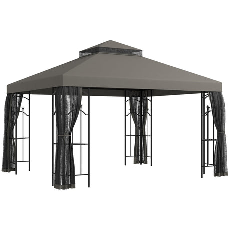 Outsunny 10' x 12' Patio Gazebo with Corner Frame Shelves, Double Roof Outdoor Gazebo Canopy Shelter with Netting for Patio, Wedding, Catering & Events, Gray Outsunny