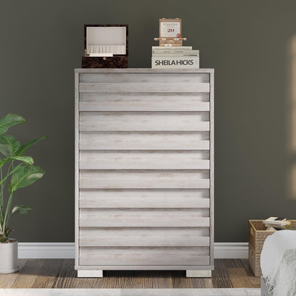 AMERLIFE 5 Chest of Drawers for Bedroom, 47" Tall Drawers Dresser with Tilt Handle, Farmhouse Wooden Dresser for Bedroom, Living Room, Hallway, Distressed White - WoodArtSupply