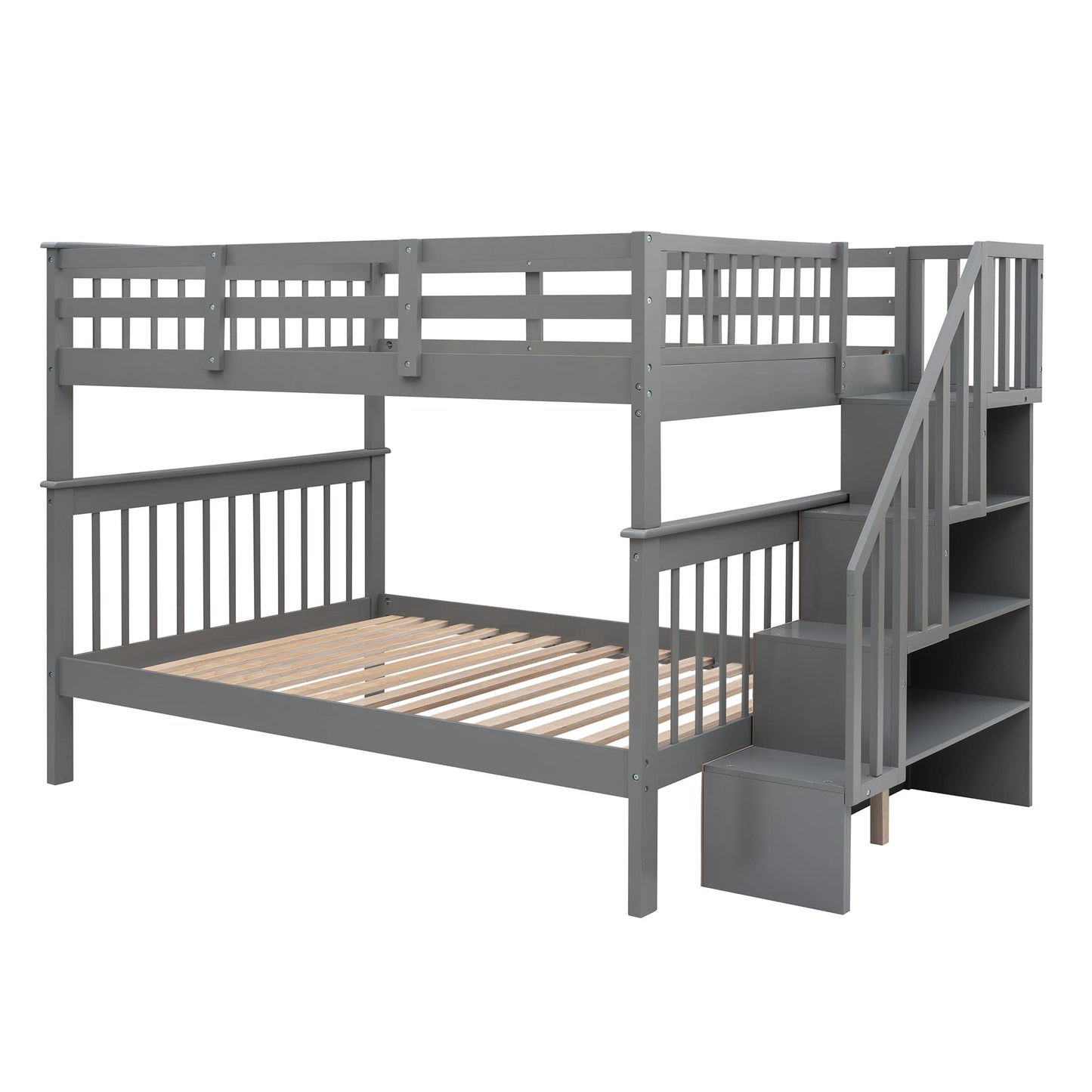 BOVZA Grey Full Over Full Bunk Bed with Storage Stairs and Safety Guard Rails - WoodArtSupply