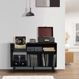 QHITTY Record Player Stand, Mid-Century Modern Vinyl Record Storage Cabinet Table with Wood Legs, Turntable Stand Record Holder Holds Up to 300 Albums for Living Room, Bedroom (Black) QHITTY