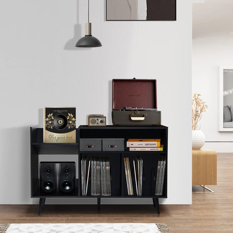 QHITTY Record Player Stand, Mid-Century Modern Vinyl Record Storage Cabinet Table with Wood Legs, Turntable Stand Record Holder Holds Up to 300 Albums for Living Room, Bedroom (Black) QHITTY