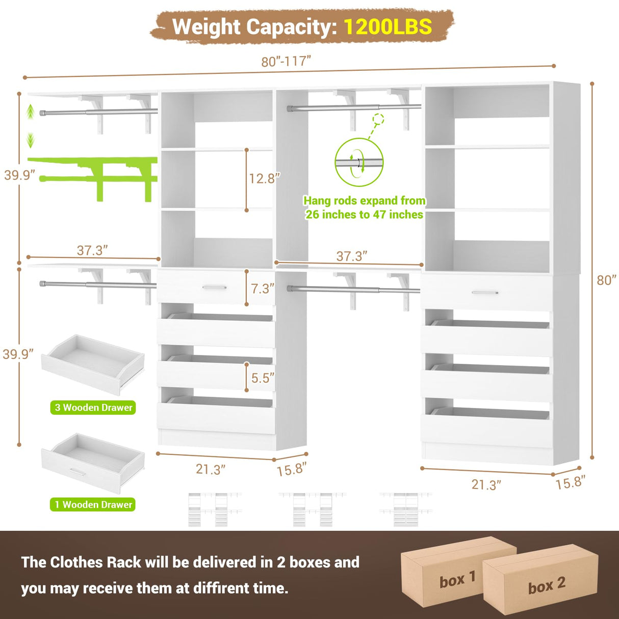 Aheaplus Closet System with 8 Wooden Drawers, Wood Closet Organizer System with Tower, Walk-in Closet Organizer Wardrobe Clothes Rack with 4 Hanging Rods, Garment Rack, Cut to Fit 7-12Ft, White Aheaplus