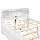 Merax Full Bed Frame with Shelves Headboard and Storage, Teens Wooden Full Size Low Platform Bed with Trundle& Drawers&USB Charging for Bedroom, White Merax