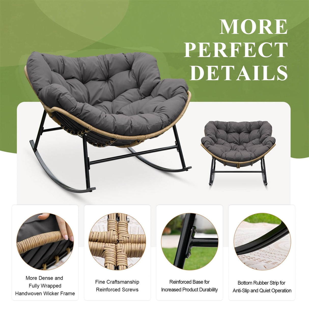 FINCATI Indoor Outdoor Papasan Rocking Chairs,Modern Large Reading Lounge Chair with Cushion,Rattan Royal Egg Chair for Bedroom Living Room Porch Garden(Dark Gray) FINCATI