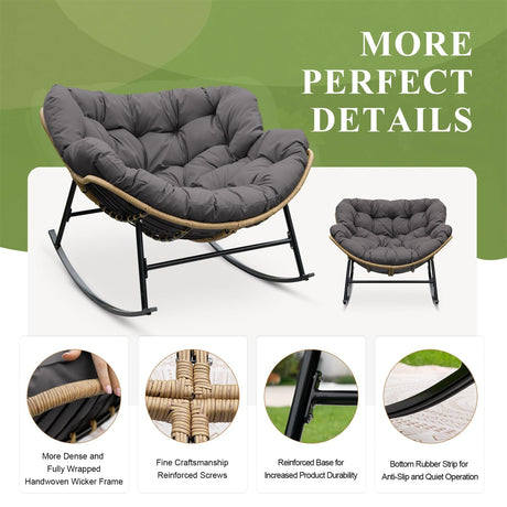 FINCATI Indoor Outdoor Papasan Rocking Chairs,Modern Large Reading Lounge Chair with Cushion,Rattan Royal Egg Chair for Bedroom Living Room Porch Garden(Dark Gray) FINCATI