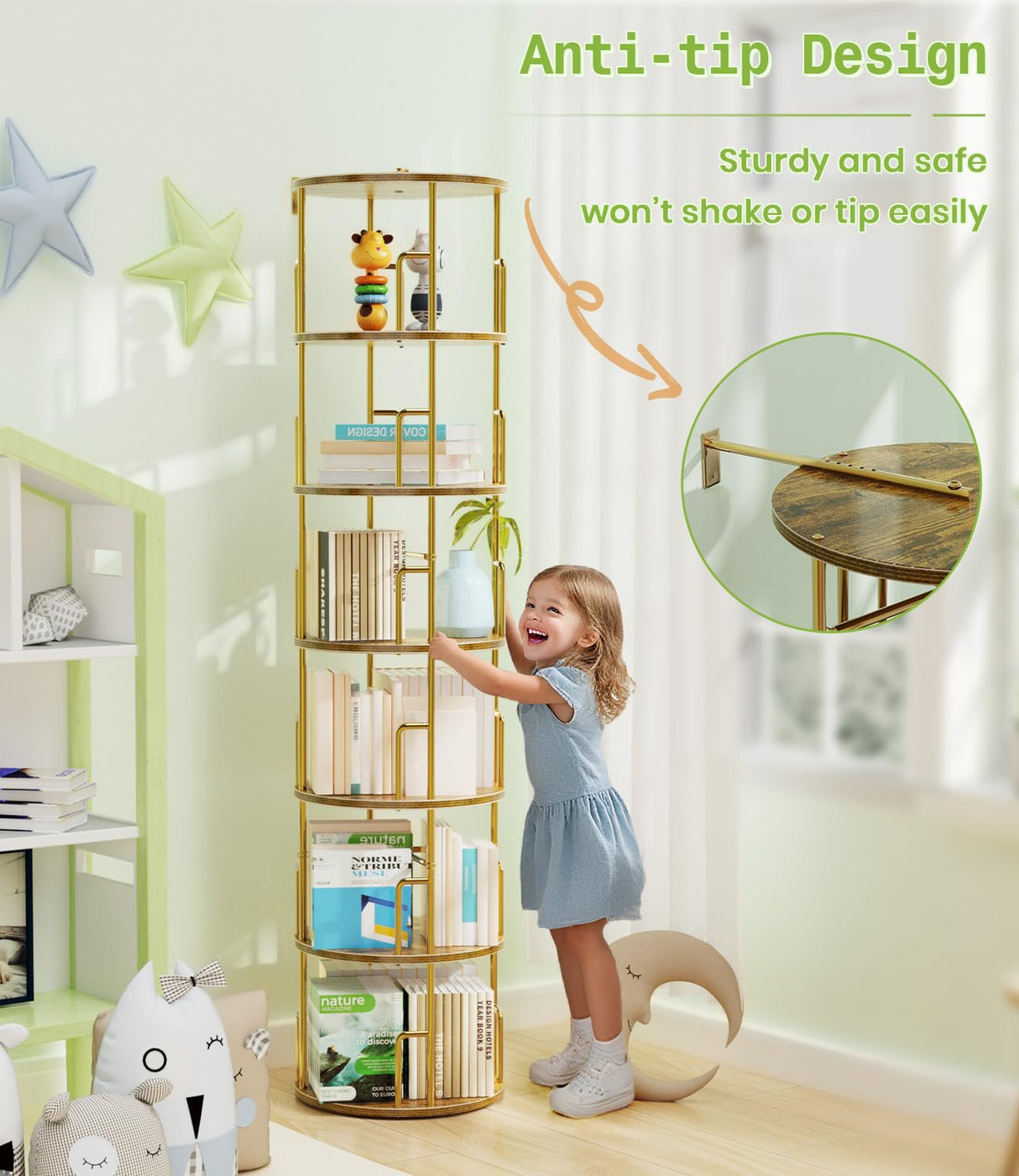 6 Tier Rotating Bookshelf Tower Round,74” Tall Spinning Bookshelf Tower Anti-Tipping Design,Metal & Wood Standing Revolving Bookcase Stackable Space Saving for Small Spaces,Study,Living Room,Bedroom Amzeth