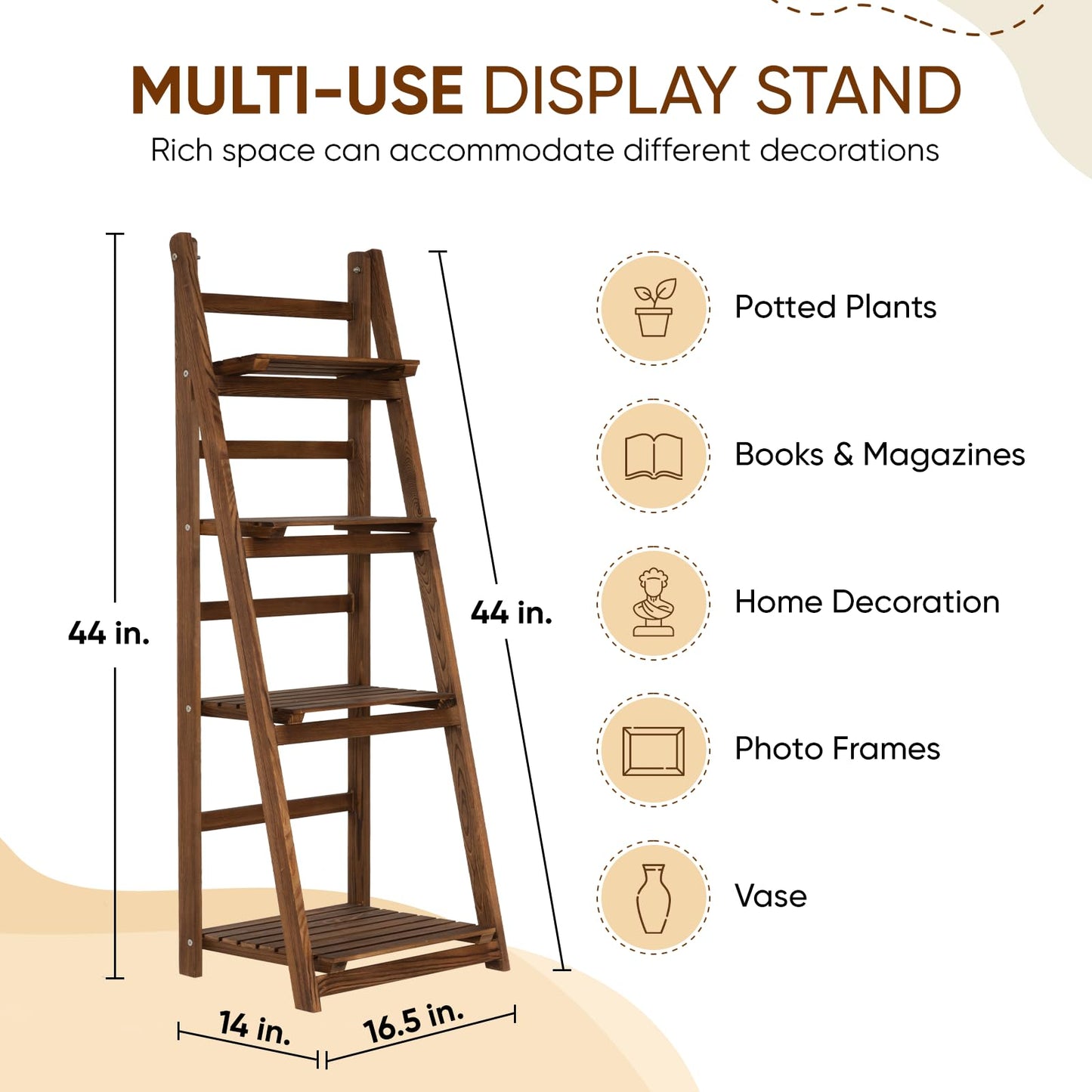 IDZO 4 Tier Wooden Ladder Shelf 44 in Bookcase Ladder Shelf Storage Shelves Rack Shelf Unit for Office and Home 44 x 16.5 inches, Wood Brown - WoodArtSupply