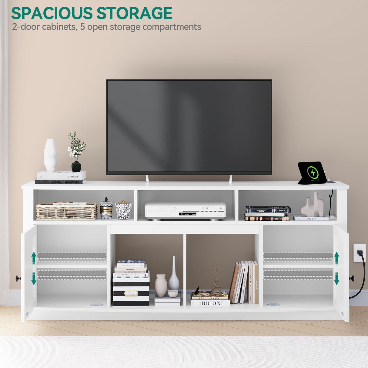 YITAHOME Farmhouse TV Stand for TVS up to 80 Inch, Modern TV Console with Barn Doors & Storage Cabinets, Entertainment Center with Power Outlet, TV Cabinet for Living Room, 70" White YITAHOME