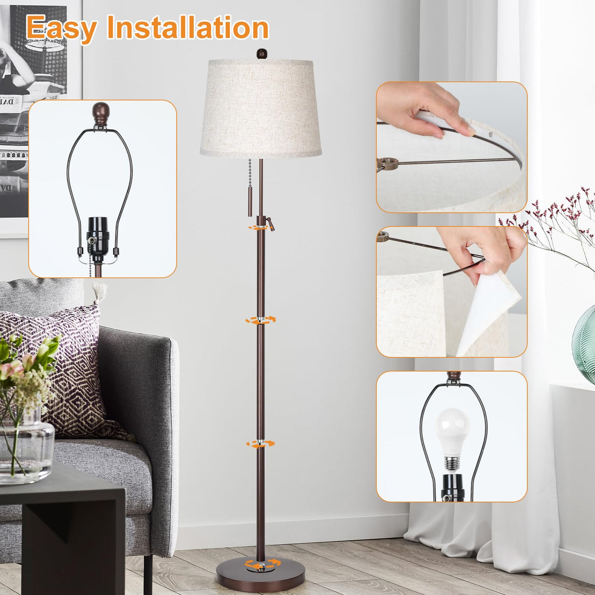 JUNNAI Modern Floor Lamp Adjustable Height Standing Lamp Tall Lamp with 3 Color Temperatures Floor Lamps for Living Room Bedroom Office Beige Shade Bulb Included-Brown JUNNAI