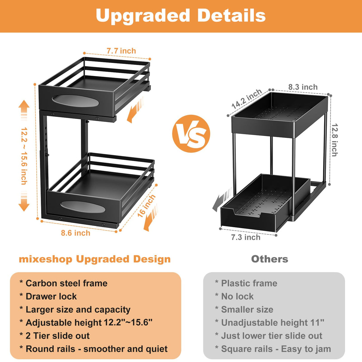 mixeshop Under Sink Organizer, Pull Out Cabinet Organizers, Slide Sink Steel Shelf Cabinet Storage Shelves, Under Sink Storage for Kitchen Bathroom Cabinet (Black, 2 Pack) mixeshop