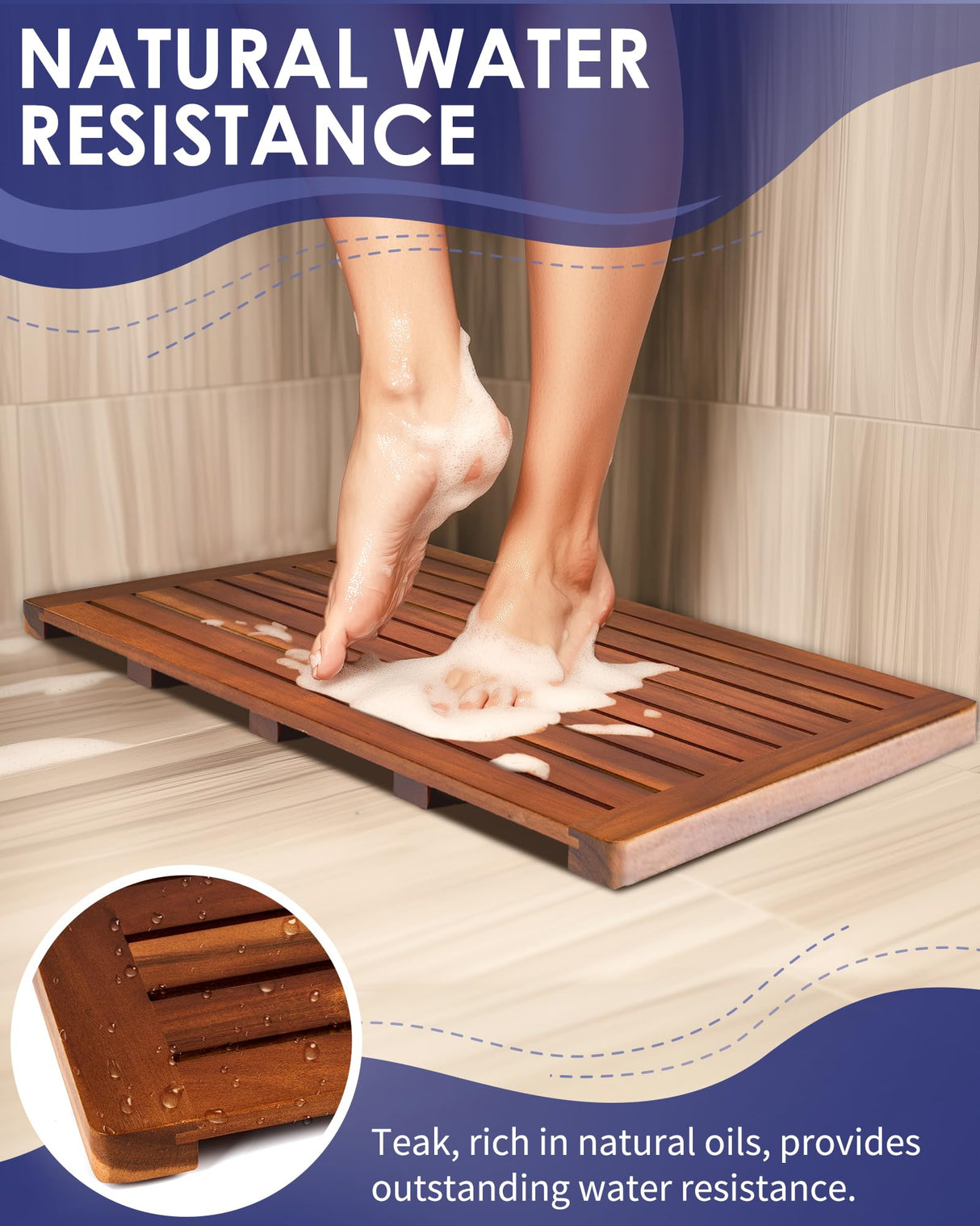 Upolana Teak Shower Mat, 32 x 18 inch Wood Bath Mat for Inside Shower, Premium Wooden Shower Floor Mat, Teak Wood Bath Mat for Bathroom Spa & Outdoor Use Upolana