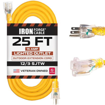 IRON FORGE CABLE 25 ft Lighted Outdoor Extension Cord - 12/3 SJTW Heavy Duty Yellow Extension Cable Extension Cable with 3 Prong Grounded Plug for Safety, 15AMP -Great for Garden and Major Ap - WoodArtSupply