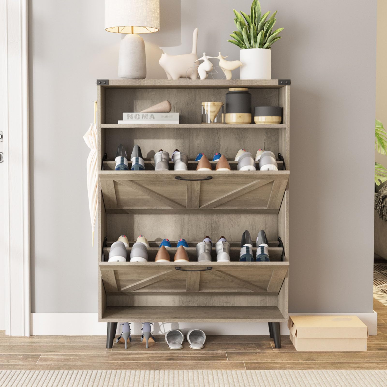 Halitaa Shoe Cabinet with 2 Flip Drawers,Shoe Storage Cabinet for Entryway,Freestanding Shoe Cabinet Organizer with Open Storage,Narrow Farmhouse Shoe Rack with Legs,Grey - WoodArtSupply