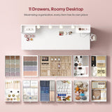 HAUOMS Vanity with Lights and Mirror, 11 Drawer Makeup Vanity with Power Strip, 6 Open Shelves, 43.3” Vanity Desk with Storage, Dressing Table with 3 Color Modes for Bedroom, Women, Girls (White) HAUOMS