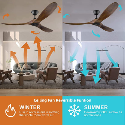 XCWIIE Modern Ceiling Fan No Light 60" Outdoor Ceiling Fans Retro Wood Ceiling Fans, 3 Balsa Wood Blades, DC Motor, for Restaurant Living Room Bedroom Inverter Silent Fan with Remote Timing Function