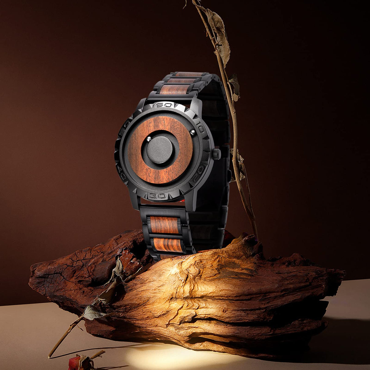 EUTOUR Watches Men's Watch Magnet Watch No Glass Ball Bearing Quartz Wristwatch for Men with Wood Bracelet -40mm EUTOUR