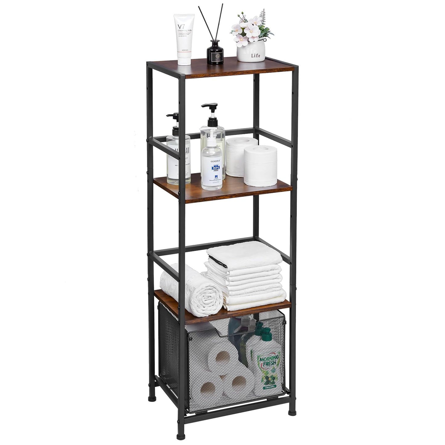 4-Tier Bathroom Storage Shelves, Retro Shelving Unit and Storage Bathroom Rack, Iron Wood Combination Heavy Duty Bathroom Stand with Drawer, Freestanding Tall Shelf for Bathroom, Kitchen, Laundry