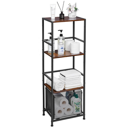 4-Tier Bathroom Storage Shelves, Retro Shelving Unit and Storage Bathroom Rack, Iron Wood Combination Heavy Duty Bathroom Stand with Drawer, Freestanding Tall Shelf for Bathroom, Kitchen, Laundry