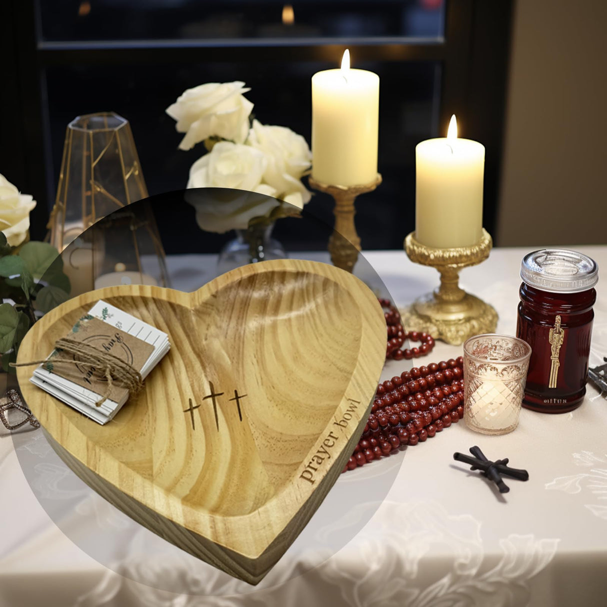 KyooteLfv Prayer Bowl with Cards for Easter Day, Wooden Heart Prayer Bowl with Cross, Wooden Dough Bowl, Heart Shaped Decor for Christian Religious Gifts KyooteLfv