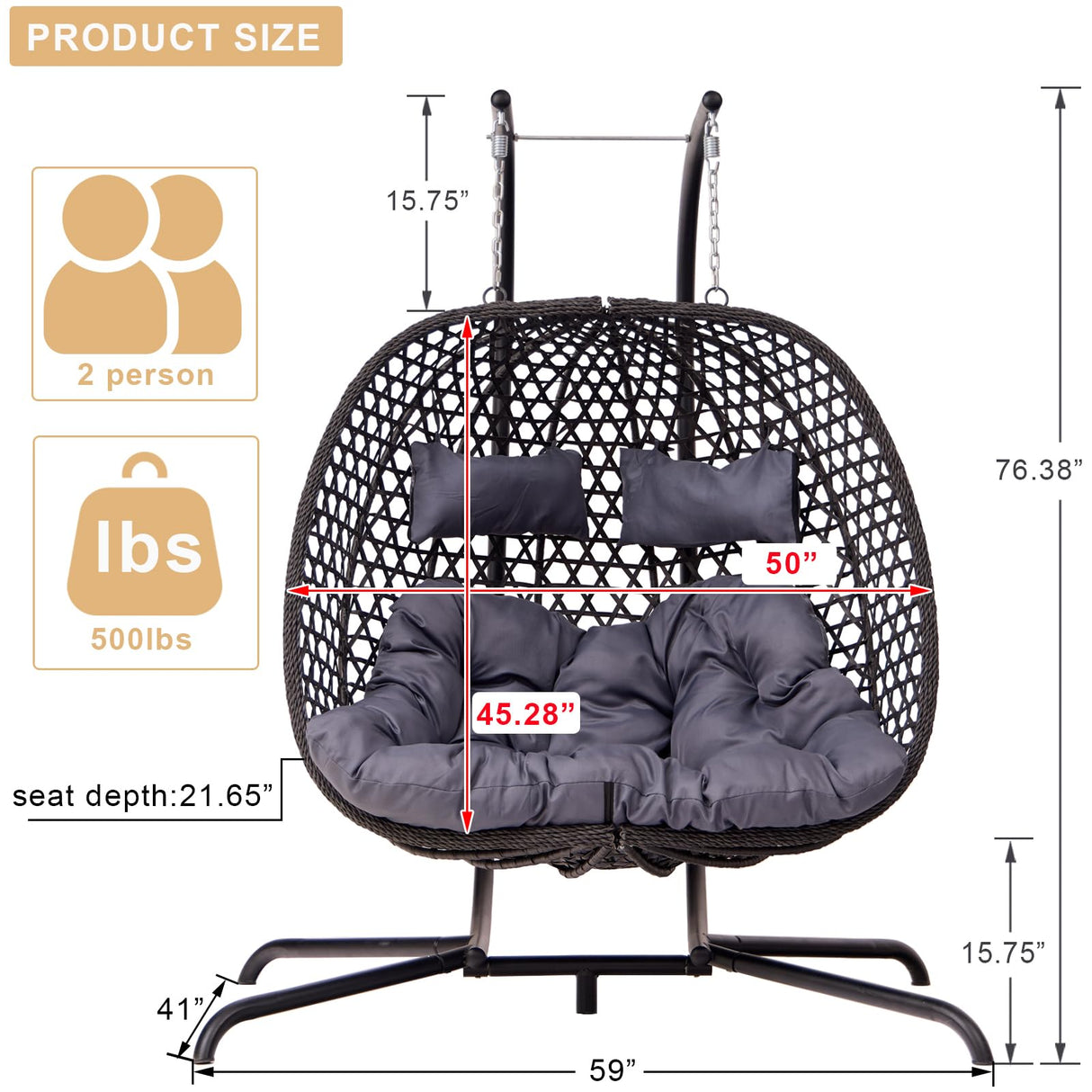 Double Hanging Swing Egg Chair with Stand, Hexagon Wicker Hammock Swing Chair for Outdoor Garden Patio, 2 Person Egg Chair with Foldable Loveseat Removable Cushions (Dark Grey) WALTSOM